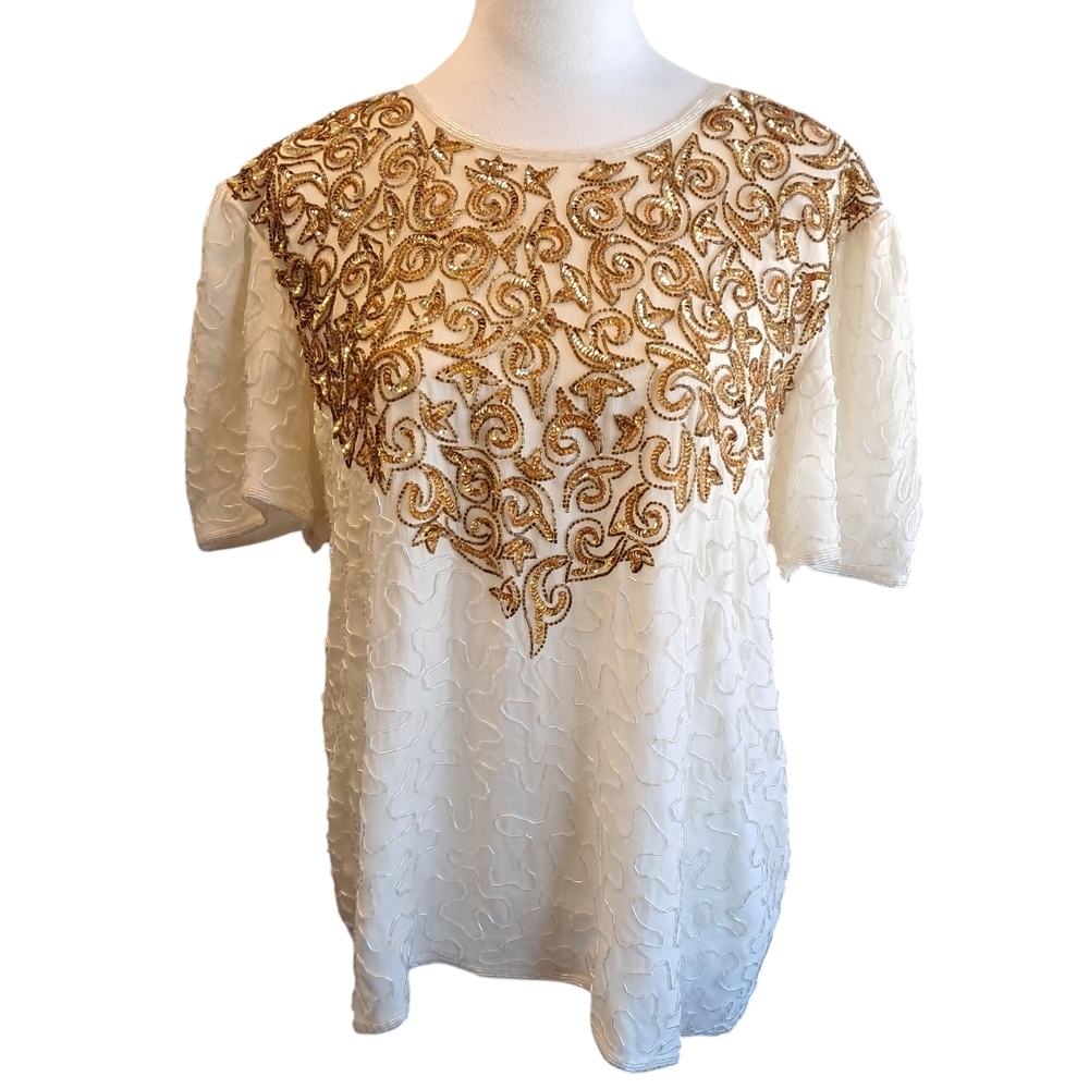 Night Vogue Silk Beaded Vintage Elegant Cream and Gold Women's Blouse
